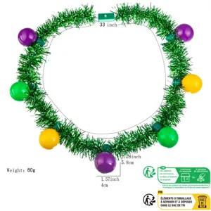 LED Mardi Gras tinsel necklace detail showcasing 7 colorful glowing spherical lights and green tinsel.