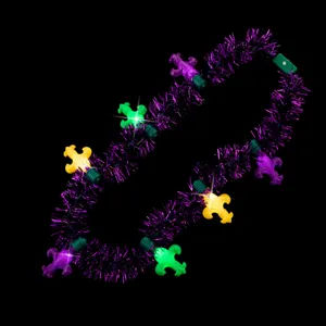 LED light-up Mardi Gras tinsel necklace with colorful flashing festival lights for party events.