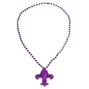 Vibrant purple beaded necklace featuring a Fleur-de-lis pendant for carnival party decor.