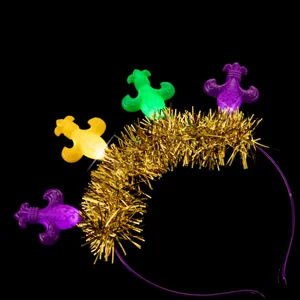 Mardi Gras LED Leuchthaarreif Detail, blinkender Party Haarreif mit goldenem Lametta.