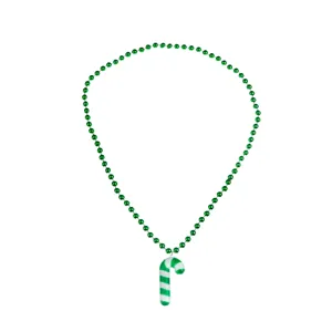 Green beaded necklace with candy cane pendant, perfect holiday costume accessory for parties.