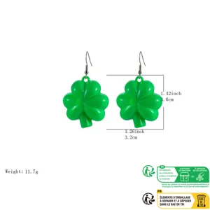Grüne Kleeblatt Ohrringe mit Maßangaben und Gewichtsdetails, ideal für den Sankt Patrick Tag.