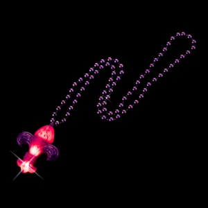 LED light up mardi gras necklace with purple beaded chain and glowing fleur de lis pendant.