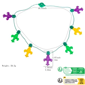 Detailed view of LED Mardi Gras light necklace pendant dimensions 16.5 inch chain length.