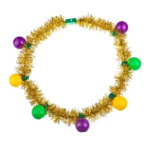 Karneval LED Leuchte Lametta Halskette mit bunten glühenden Kugeln und grüner Batteriebox.
