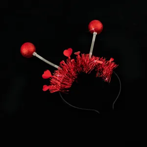 Red heart spring headband for party concert festival alien hair hoop red glitter tinsel cute