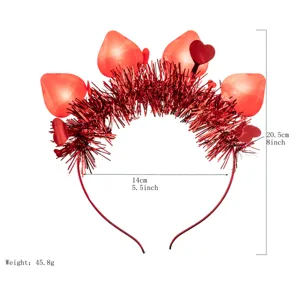Valentine LED heart headband detail view, red tinsel hair hoop, 20.5cm height, 45.8g weight.