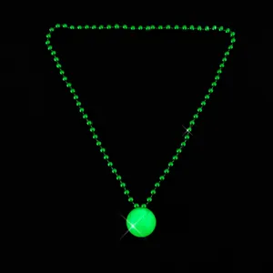 Glow in the dark necklace with green bead chain and flashing ball pendant for parties.