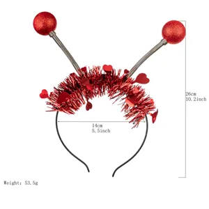 Valentine red tinsel headband with spring heart balls, perfect for party and holiday dress-up.
