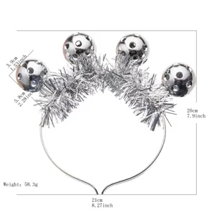 Silver disco ball headband with tinsel, LED glowing hair hoop for music festival party.