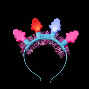 LED glowing Christmas tree headband with colorful tinsel and festive party hair accessories.
