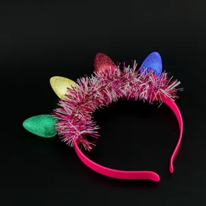 Festive Christmas LED lightbulb tinsel headband, colorful glitter bulbs for holiday party decor.