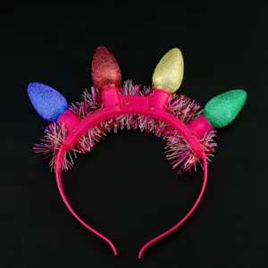 LED Christmas light bulb headband with colorful glitter tinsel glowing hair hoop party accessories