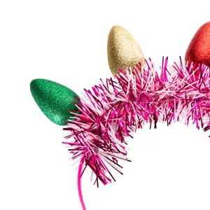 Christmas LED lightbulb headband with glitter tinsel details, festive party hair accessory.