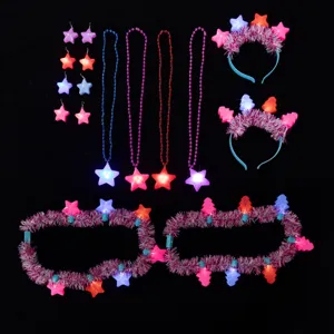 Christmas glowing LED tinsel accessories details, light up star headband necklace earrings.