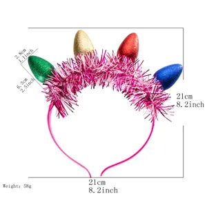 Christmas tinsel headband with colorful light bulb decorations, festive party hair accessories.