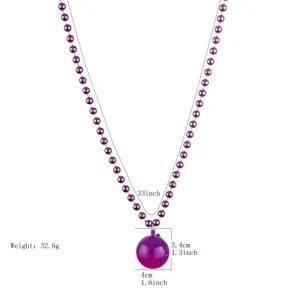 Carnival glowing purple beaded necklace with spherical pendant, length 33 inch, weight 32.6g.