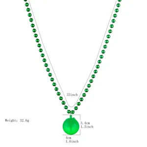 Green flashing bead necklace detail view showing 33 inch length and LED pendant dimensions.