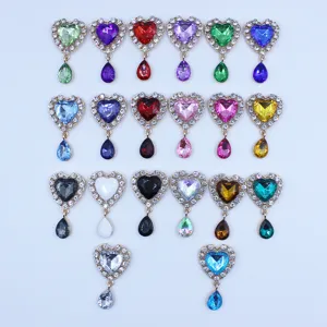 Alloy rhinestone heart pendant DIY charm, golden base for clothing bags 24x45mm