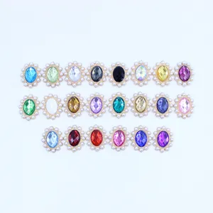 Close-up of colorful oval acrylic rhinestone pearl alloy buttons for DIY crafts and badge trays.
