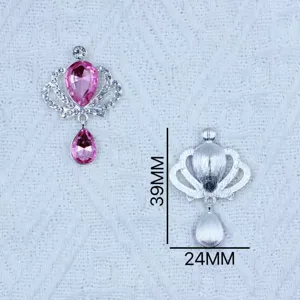 Rhinestone crown pendant detail view showing 39mm height and 24mm width dimensions for craft.