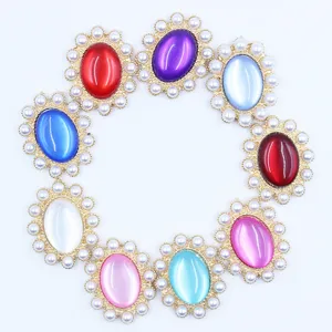 Alloy pearl cat eye oval flower diamond button DIY handmade bridal headpiece accessory.