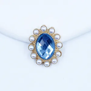 Oval rhinestone pearl alloy button DIY decorative material, blue crystal gem for crafts.
