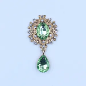 Vintage gold alloy floral rhinestone brooch DIY oval green crystal pendant accessory charm.