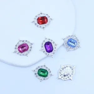 Detailed close-up of rhombic alloy rhinestone buttons showing multi-color acrylic stones.
