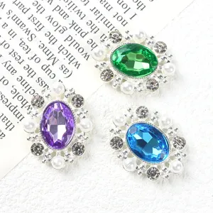 Alloy oval rhinestone gemstone buttons with pearls for clothing and shoes decoration.