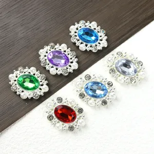 Oval Rhinestone Pearl Alloy Button Vintage Flower Gem Charm For Clothing Shoes Hats Bags DIY Craft Accessories