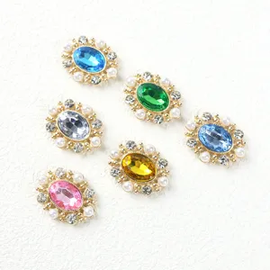 Oval alloy rhinestone buttons with pearls, colorful crystal DIY decorative parts.