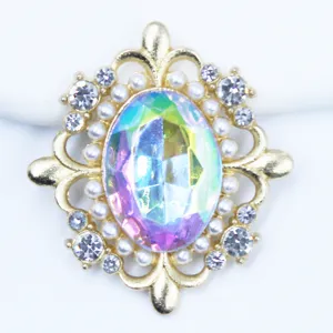 DIY alloy rhinestone pearl flower base button, 30x33mm iridescent acrylic gem for crafts.