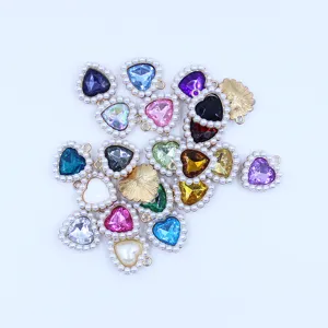 Alloy heart pendant with pearl border colorful rhinestone DIY jewelry charms making accessories