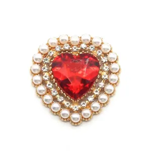 Heart-shaped alloy rhinestone pearl DIY accessory detail, sparkling red acrylic gem center.