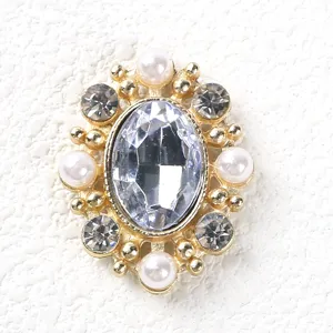 Vintage oval rhinestone alloy DIY button detail, sparkling crystal and pearls for crafts.