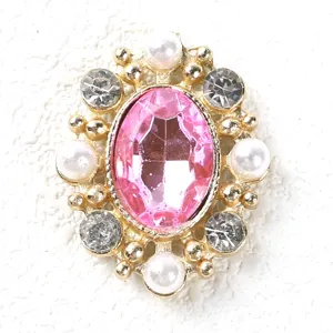 Vintage oval alloy rhinestone button with pink crystal and pearls for DIY crafts decor.