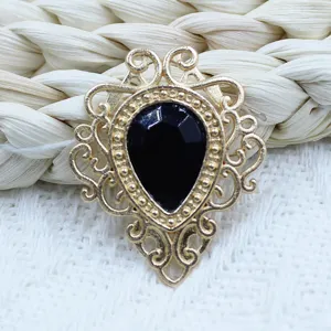 Gold alloy filigree base with black teardrop acrylic gemstone for DIY jewelry parts.