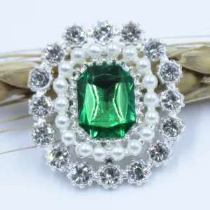 Alloy rhinestone flower button DIY accessory with green gem and pearls, 19x23mm style.