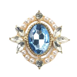Alliage dor strass perle broche pierre bleue ovale accessoire de bijoux DIY charmes