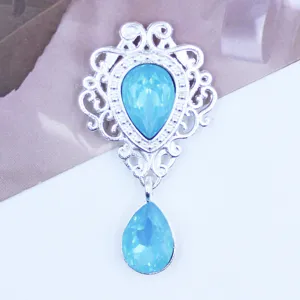 Silver hollow shield pendant with blue rhinestone DIY hair accessory clothing parts 48x26mm