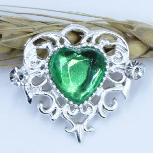 Silver alloy heart DIY accessory with green crystal for clothing and bag decoration craft.