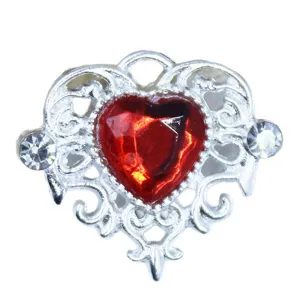 Heart-shaped alloy DIY jewelry accessory featuring a red gemstone and crystal rhinestones.