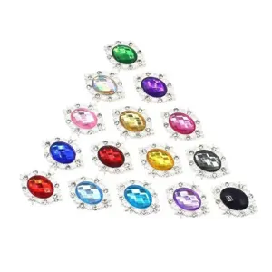Colorful oval acrylic rhinestones with silver alloy lace borders, perfect for DIY craft accessories.
