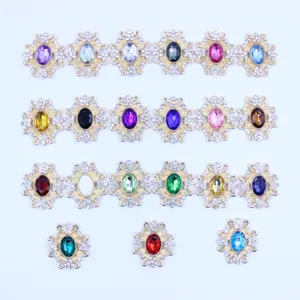 Detailed view of 28x32mm alloy rhinestone acrylic flower button embellishments for DIY craft.