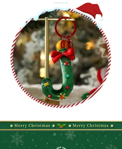 Christmas letter J keychain pendant, green plush metal key ring holiday gift decor.