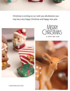 Close-up details of cute Christmas resin elk and snowman ornaments for holiday decor.