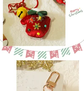 Christmas mitten keychain plush pendant with bell and metal clasp holiday bag charm ornament.