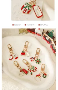 Detailed view of Christmas metal keychains featuring various festive pendants like Santa.