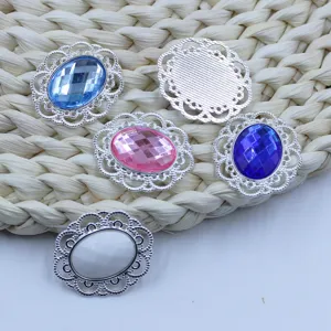 Oval rhinestone alloy filigree base crystal button for DIY jewelry making and craft decor.